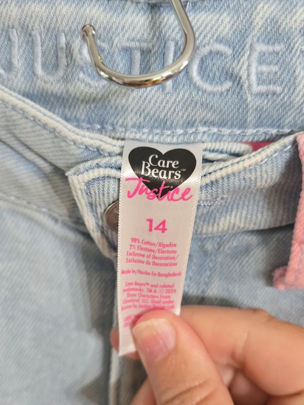 Justice Light Blue Denim Jeans with Pink Trim & Care Bears Tag
